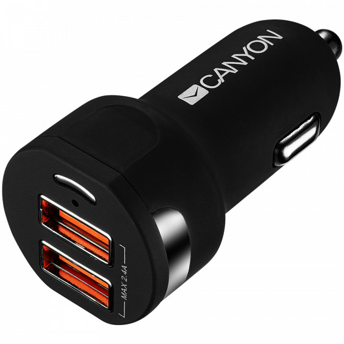 CANYON C-04, Universal 2xUSB car adapter, Input 12V-24V, Output 5V-2.4A, with Smart IC, black rubber coating with silver electroplated ring, 59.5*28.7*28.7mm, 0.019kg [3]