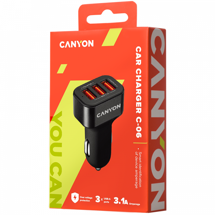 CANYON C-06 Universal 3xUSB car adapter, Input 12V-24V, Output 5V-3.1A, black rubber coating+black metal ring (side with USB is in plastic), 66*35.2*25.1mm, 0.025kg [4]