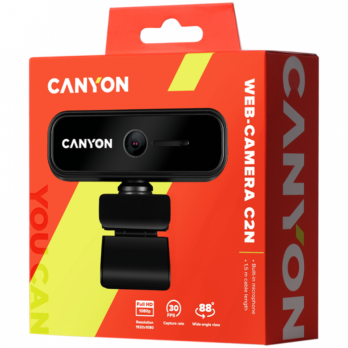 CANYON C2N, 1080P full HD 2.0Mega fixed focus webcam with USB2.0 connector, 360 degree rotary view scope, built in MIC, Resolution 1920*1080, viewing angle 88°, cable length 1.5m, 90*60*55mm, 0.095kg, [4]