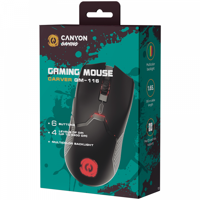 CANYON Carver GM-116,  6keys Gaming wired mouse, A603EP sensor, DPI up to 3600, rubber coating on panel, Huano 1million switch, 1.65M PVC cable, ABS material. size: 130*69*38mm, weight: 105g, Black [6]