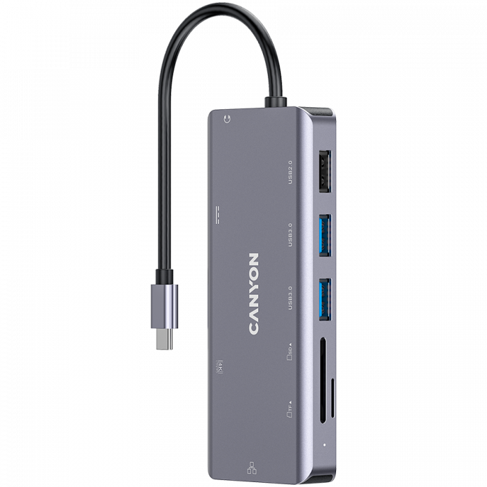 CANYON DS-11, 9 in 1 USB C hub, with 1*HDMI: 4K*30Hz,1*Gigabit Ethernet,, 1*Type-C PD charging port, Max 100W PD input. 2*USB3.0,transfer speed up to 5Gbps. 1*USB 2.0, 1*SD, 1*3.5mm audio jack, cable  [1]