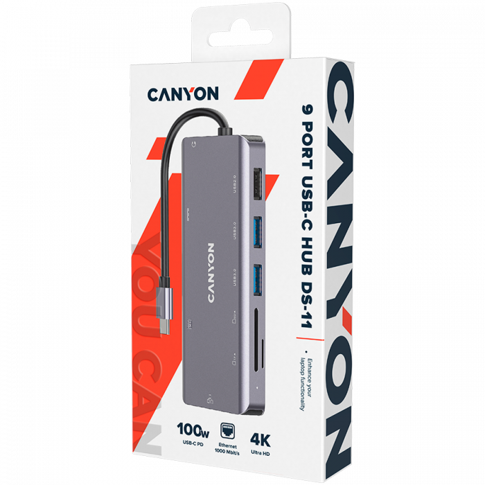 CANYON DS-11, 9 in 1 USB C hub, with 1*HDMI: 4K*30Hz,1*Gigabit Ethernet,, 1*Type-C PD charging port, Max 100W PD input. 2*USB3.0,transfer speed up to 5Gbps. 1*USB 2.0, 1*SD, 1*3.5mm audio jack, cable  [2]