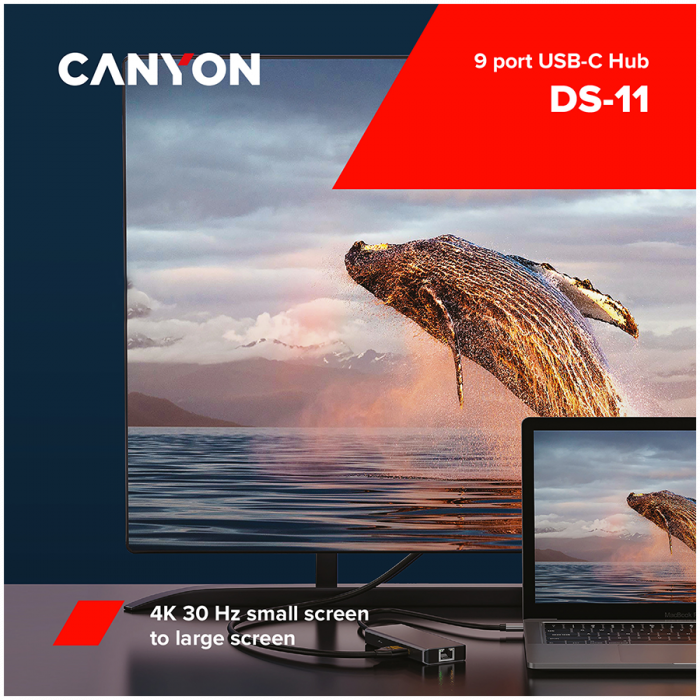 CANYON DS-11, 9 in 1 USB C hub, with 1*HDMI: 4K*30Hz,1*Gigabit Ethernet,, 1*Type-C PD charging port, Max 100W PD input. 2*USB3.0,transfer speed up to 5Gbps. 1*USB 2.0, 1*SD, 1*3.5mm audio jack, cable  [3]