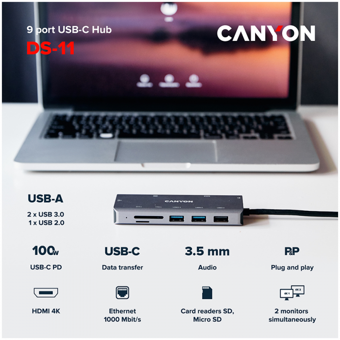 CANYON DS-11, 9 in 1 USB C hub, with 1*HDMI: 4K*30Hz,1*Gigabit Ethernet,, 1*Type-C PD charging port, Max 100W PD input. 2*USB3.0,transfer speed up to 5Gbps. 1*USB 2.0, 1*SD, 1*3.5mm audio jack, cable  [4]