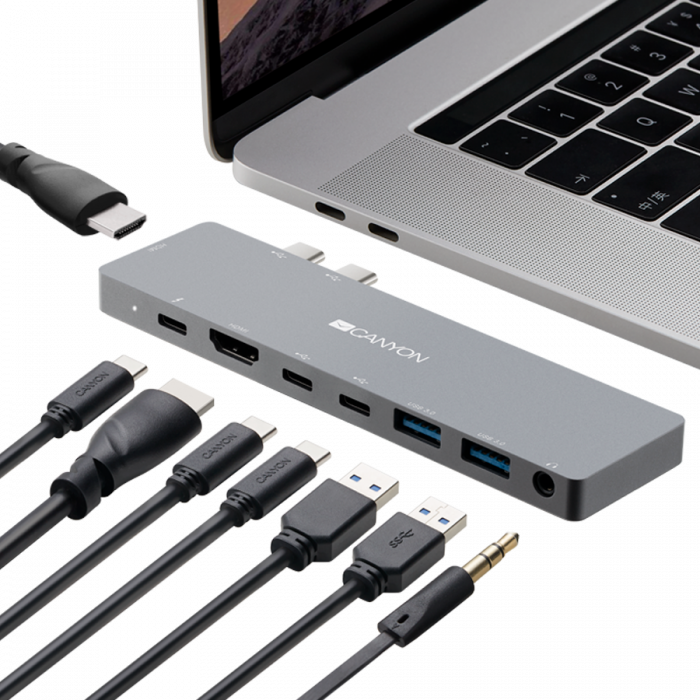 CANYON DS-8 Multiport Docking Station with 8 port, 1*Type C PD100W+2*Type C data+2*HDMI+2*USB3.0+1*Audio. Input 100-240V, Output USB-C PD100W&USB-A 5V/1A, Aluminium alloy, Space gray, 135*48*10mm, 0.0 [4]