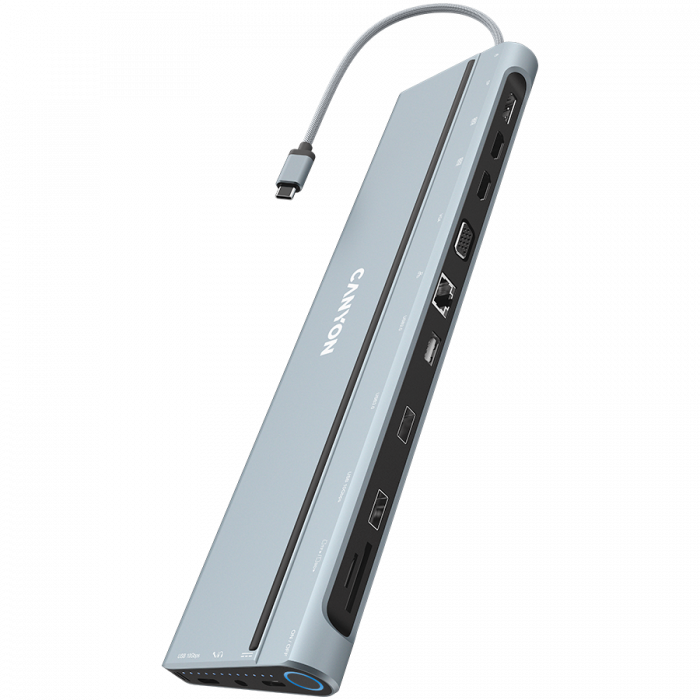 CANYON DS-90, 14 in 1 hub, with Type C female *2,Type C male *1:max 10Gbps,USBA*3:max 10Gbps,DP*1，VGA*1,SD card slot*1,TF card slot*1,Audio 3.5 audio*1,HDMI*2,RJ45*1,cable length 0.20m,Aluminum alloy  [3]