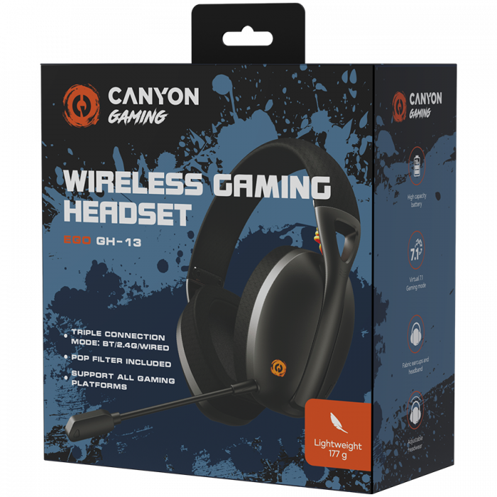 CANYON Ego GH-13, Gaming BT headset, +virtual 7.1 support in 2.4G mode, with chipset BK3288X, BT version 5.2, cable 1.8M, size: 198x184x79mm, Black [8]