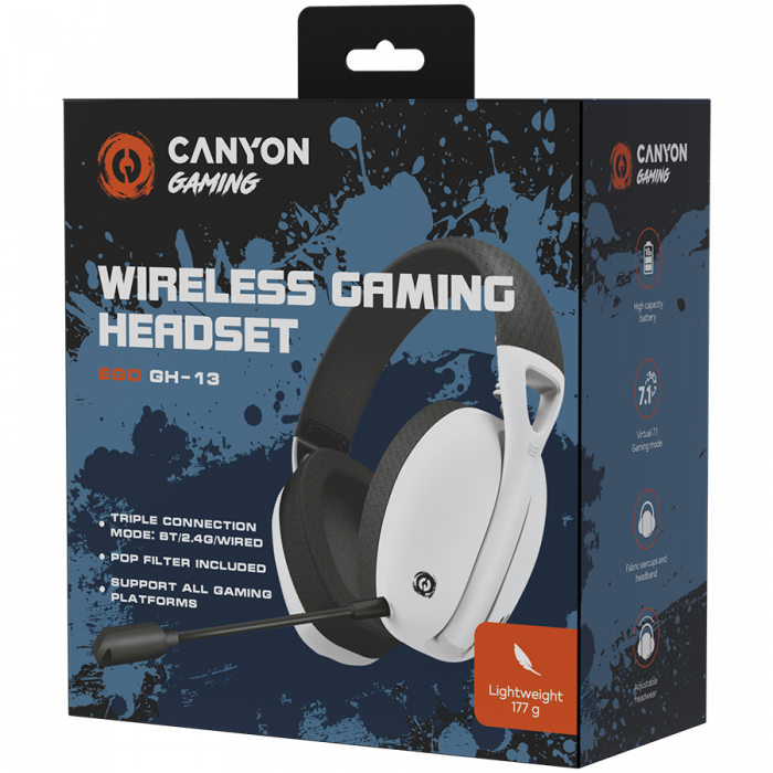 CANYON Ego GH-13, Gaming BT headset, +virtual 7.1 support in 2.4G mode, with chipset BK3288X, BT version 5.2, cable 1.8M, size: 198x184x79mm, White [8]