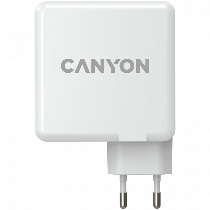 Canyon, GAN 100W charger  Input:  100V-240V Output: USB-C1/C2: 5V 3A , 9V 3A , 12V 3A , 15V 3A , 20V 5A  USB-A 1/A2: 4.5V/5A, 5V/4.5A, 9V/3A, 12V/2.5A,  20V/1.5A  C1+C2 : 65W + 30W； C1+A1 : 65W + 30W  [1]