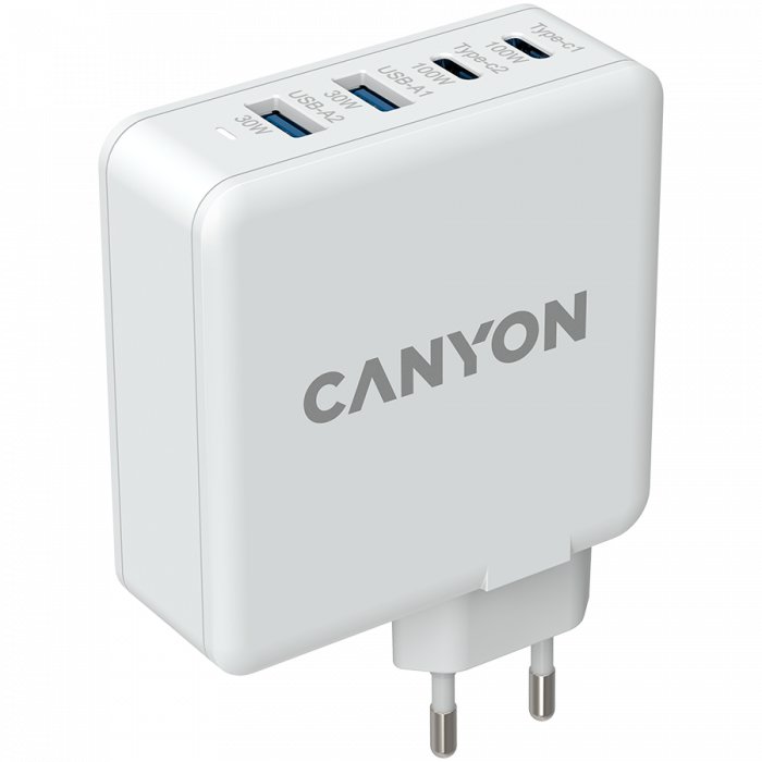 Canyon, GAN 100W charger  Input:  100V-240V Output: USB-C1/C2: 5V 3A , 9V 3A , 12V 3A , 15V 3A , 20V 5A  USB-A 1/A2: 4.5V/5A, 5V/4.5A, 9V/3A, 12V/2.5A,  20V/1.5A  C1+C2 : 65W + 30W； C1+A1 : 65W + 30W  [2]
