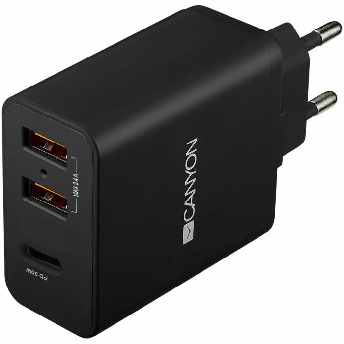 CANYON H-08, Universal 3xUSB AC charger (in wall) with over-voltage protection(1 USB-C with PD Quick Charger), Input 100V-240V, Output USB-A/5V-2.4A+USB-C/PD30W, with Smart IC, Black Glossy Color+oran [1]
