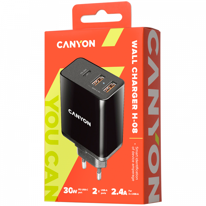 CANYON H-08, Universal 3xUSB AC charger (in wall) with over-voltage protection(1 USB-C with PD Quick Charger), Input 100V-240V, Output USB-A/5V-2.4A+USB-C/PD30W, with Smart IC, Black Glossy Color+oran [2]