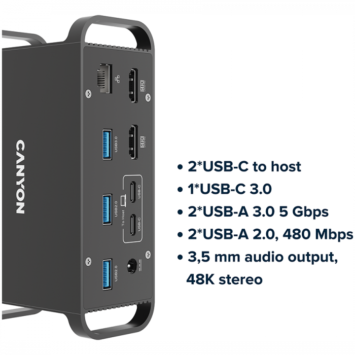 CANYON HDS-95ST, Multiport Docking Station with 14 ports ,with Type C female *4 ,USB3.0*2,USB2.0*2,RJ45*1,HDMI*2,SD card slot,Audio 3.5 audio*1Input 100-240V/100W AC port, Output USB-C PD 60W * 1, Dua [6]