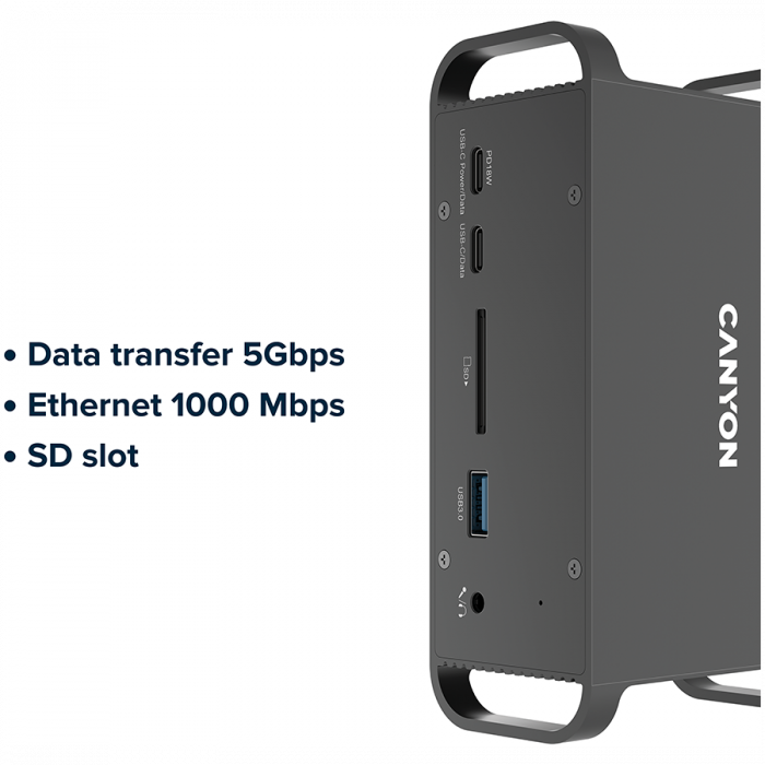 CANYON HDS-95ST, Multiport Docking Station with 14 ports ,with Type C female *4 ,USB3.0*2,USB2.0*2,RJ45*1,HDMI*2,SD card slot,Audio 3.5 audio*1Input 100-240V/100W AC port, Output USB-C PD 60W * 1, Dua [7]