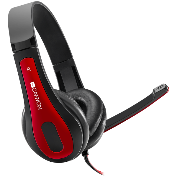 CANYON HSC-1 basic PC headset with microphone, combined 3.5mm plug, leather pads, Flat cable length 2.0m, 160*60*160mm, 0.13kg, Black-red [1]