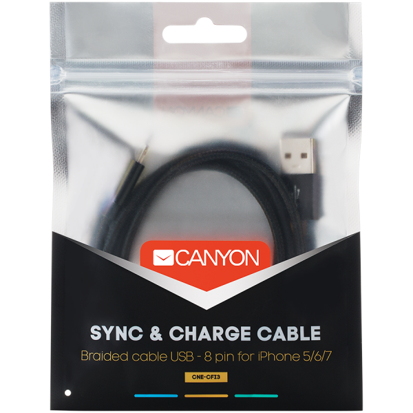 Canyon Lightning USB Cable for Apple, braided, metallic shell, cable length 1m, Black, 14.9*6.8*1000mm, 0.02kg [3]