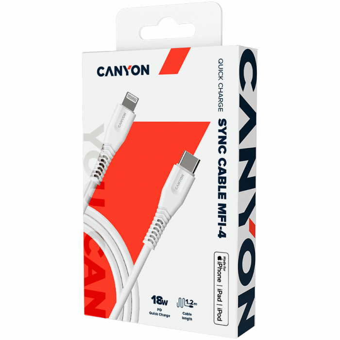 CANYON MFI-4, Type C Cable To MFI Lightning for Apple, PVC Mouling,Function: with full feature( data transmission and PD charging) Output:5V/2.4A, OD:3.5mm, cable length 1.2m, 0.026kg,Color:White [4]
