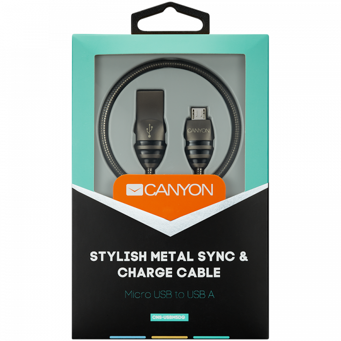 CANYON UM-5 Micro USB 2.0 standard cable, Power & Data output, 5V 2A, OD 3.5mm, metallic Jacket, 1m, gun color, 0.04kg [2]