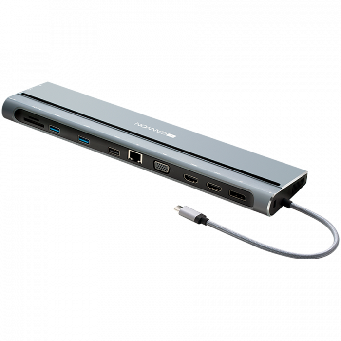 Canyon Multiport Docking Station with 14 ports: Type c data+Audio+Type C PD3.0 100W+SD+TF+2*USB3.0+USB2.0+RJ45+2*HDMI+VGA+DP+Lock, Input 100-240V, Output USB-C PD 5-20V/5A, cable length 0.20m, Space g [3]