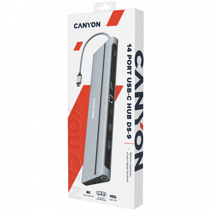 Canyon Multiport Docking Station with 14 ports: Type c data+Audio+Type C PD3.0 100W+SD+TF+2*USB3.0+USB2.0+RJ45+2*HDMI+VGA+DP+Lock, Input 100-240V, Output USB-C PD 5-20V/5A, cable length 0.20m, Space g [4]