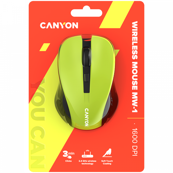 CANYON MW-1, Yellow 2.4GHz wireless optical mouse with 3 buttons, 800/1200/1600 DPI adjustable [6]