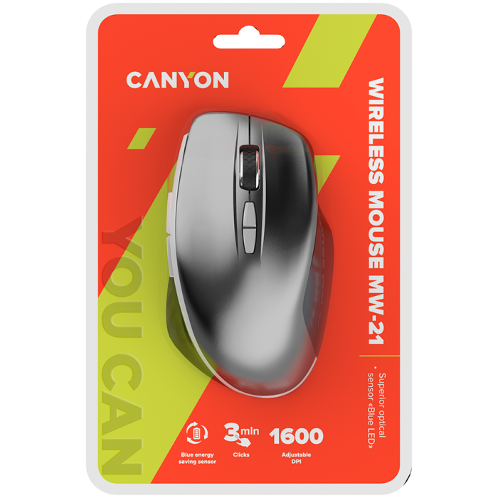 CANYON MW-21, 2.4 GHz Wireless mouse,with 7 buttons, DPI 800/1200/1600, Battery:AAA*2pcs,Dark gray72*117*41mm 0.075kg [6]