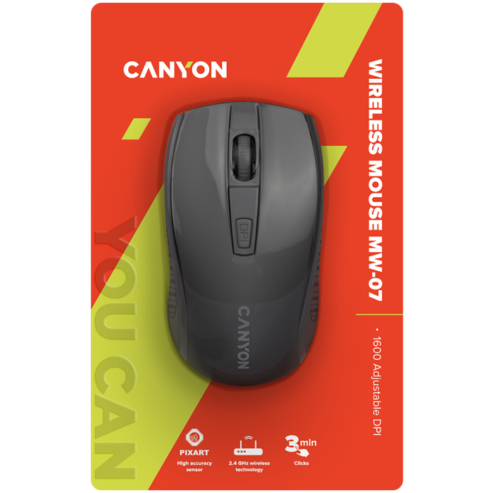 CANYON MW-7, 2.4Ghz wireless mouse, 6 buttons, DPI 800/1200/1600, with 1 AA battery ,size 110*60*37mm,58g,black [6]