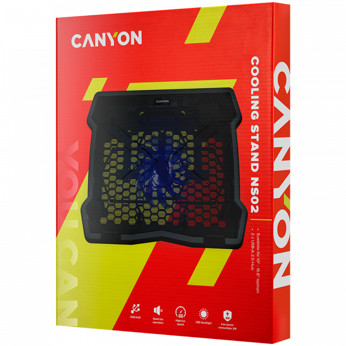 CANYON NS02, Cooling stand single fan with 2x2.0 USB hub, support up to 10”-15.6” laptop, ABS plastic and iron, Fans dimension:125*125*15mm(1pc), DC 5V, fan speed: 800-1000RPM, size:340*265*30mm, 406g [4]