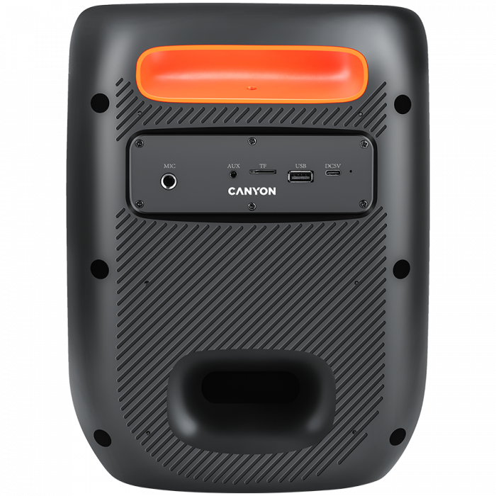 CANYON OnFun 5, Partybox speaker,Spec: speaker drivers: 6.5''+1.5'tweeter Power Output : 40W Lithium Battery : 7.4v 3600mAh Function : AUX+TF+MIC+BT+USB+DSP+EQ+ehco+. Color: Black body,orange handle. [4]
