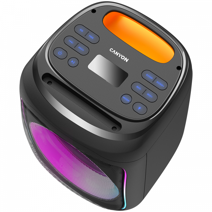 CANYON OnFun 5, Partybox speaker,Spec: speaker drivers: 6.5''+1.5'tweeter Power Output : 40W Lithium Battery : 7.4v 3600mAh Function : AUX+TF+MIC+BT+USB+DSP+EQ+ehco+. Color: Black body,orange handle. [2]