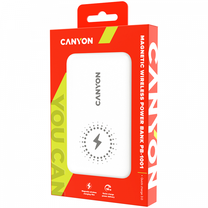 CANYON PB-1001, 18W PD+QC 3.0+10W Magnet wireless charger powerbank 10000mAh Li-poly battery,Lightning Input: DC5V/2A, 9V/2A Type c PD Input DC5V/3A, 9V/2A，Type C PD utput:5V/3A,9V/2.2A,12V/1.5AQC 3.0 [4]