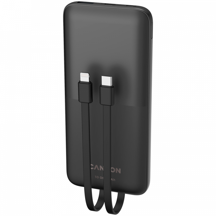 CANYON PB-1010, Power bank 10000mAh Li-pol battery with 2pcs Build-in Cable, Input: TYPE-C: 5V3A/9V2A 18WMicro USB: 5V2A/9V2A 18W Output: TYPE-C: 5V3A/9V2.2A 20WUSB-A: 4.5V5A ,5V4.5A, 5V3A,9V2A ,12V1. [4]