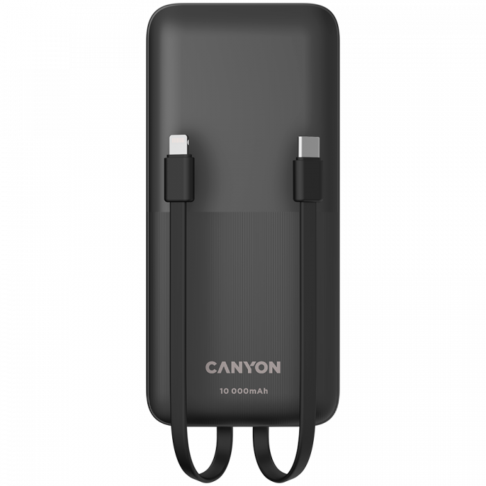 CANYON PB-1010, Power bank 10000mAh Li-pol battery with 2pcs Build-in Cable, Input: TYPE-C: 5V3A/9V2A 18WMicro USB: 5V2A/9V2A 18W Output: TYPE-C: 5V3A/9V2.2A 20WUSB-A: 4.5V5A ,5V4.5A, 5V3A,9V2A ,12V1. [3]