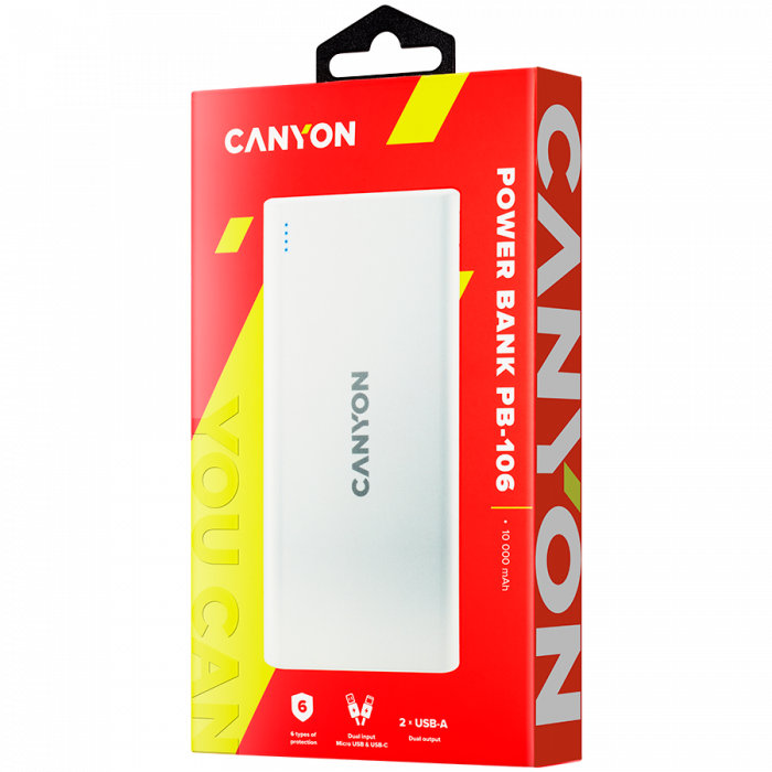 CANYON PB-106, Power bank 10000mAh Li-poly battery, Input 5V/2A, Output 5V/2.1A(Max), USB cable length 0.3m, 140*68*16mm, 0.24Kg, White [3]