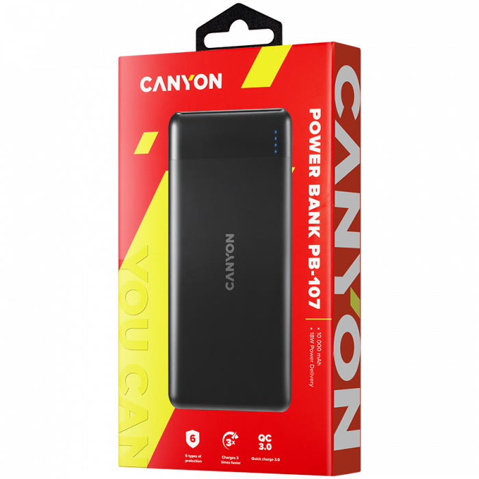CANYON PB-107 Power bank 10000mAh Li-poly battery, Input Micro/PD 18W(Max), Output PD/QC3.0 18W(Max), quick charging cable 0.3m, 144*68*16mm, 0.25kg, Black [3]