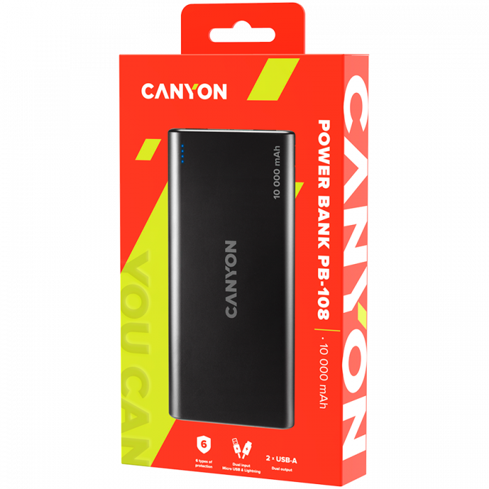 CANYON PB-108 Power bank 10000mAh Li-poly battery, Input 5V/2A, Output 5V/2.1A(Max), 140*68*16mm, 0.230Kg, Black [4]