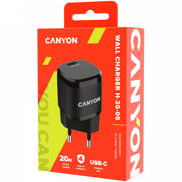 CANYON H-20-05, PD 20W Input: 100V-240V, Output: 1 port charge: USB-C:PD 20W (5V3A/9V2.22A/12V1.66A) , Eu plug, Over- Voltage , over-heated, over-current and short circuit protection Compliant with CE [4]