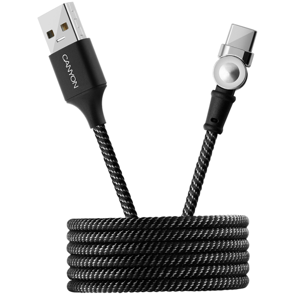 CANYON Rotating magnetic Type C charging cable (no data transfer), USB2.0, Power output 5V/2A, OD 3.2mm, with Short-circuit protection, cable length 1m, Black, 16*6*1000mm, 0.024kg [1]
