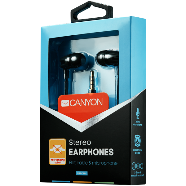 CANYON SEP-4 Stereo earphone with microphone, 1.2m flat cable, Black, 22*12*12mm, 0.013kg [3]