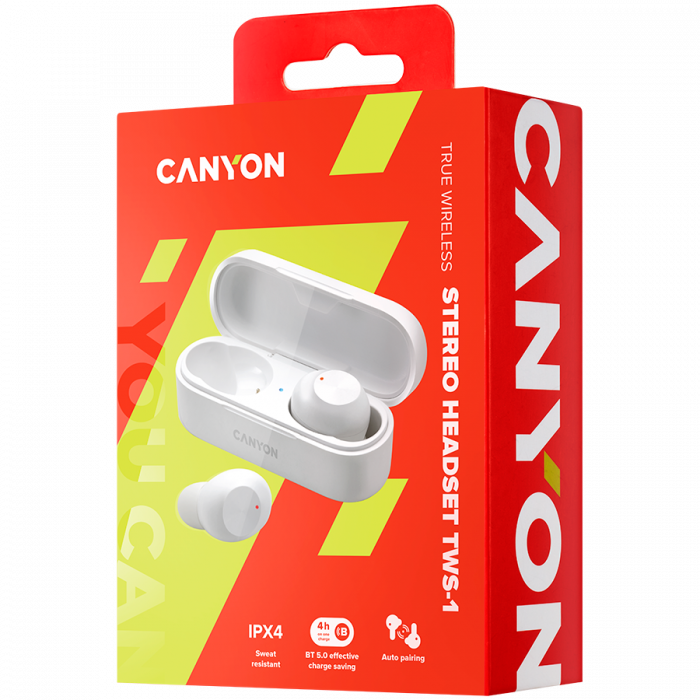 Canyon TWS-1 Bluetooth headset, with microphone, BT V5.0, Bluetrum AB5376A2, battery EarBud 45mAh*2+Charging Case 300mAh, cable length 0.3m, 66*28*24mm, 0.04kg, White [4]