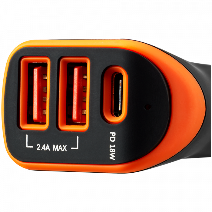 CANYON C-08, Universal 3xUSB car adapter, Input 12V-24V, Output DC USB-A 5V/2.4A(Max) + Type-C PD 18W, with Smart IC, Black+Orange with rubber coating, 71*39*26.2mm, 0.028kg [2]