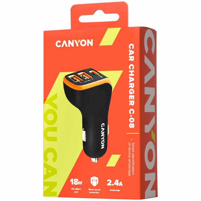 CANYON C-08, Universal 3xUSB car adapter, Input 12V-24V, Output DC USB-A 5V/2.4A(Max) + Type-C PD 18W, with Smart IC, Black+Orange with rubber coating, 71*39*26.2mm, 0.028kg [3]