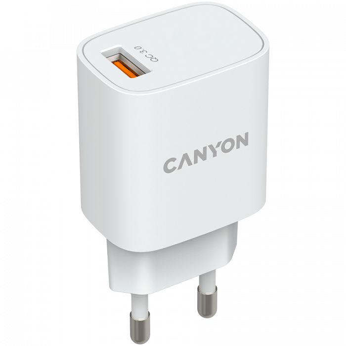 CANYON H-18-01, Wall charger with 1*USB, QC3.0 18W, Input: 100V-240V, Output: DC 5V/3A,9V/2A,12V/1.5A, Eu plug, OCP/OVP/OTP/SCP, CE, RoHS ,ERP. Size: 80.17*41.23*28.68mm, 50g, White [2]