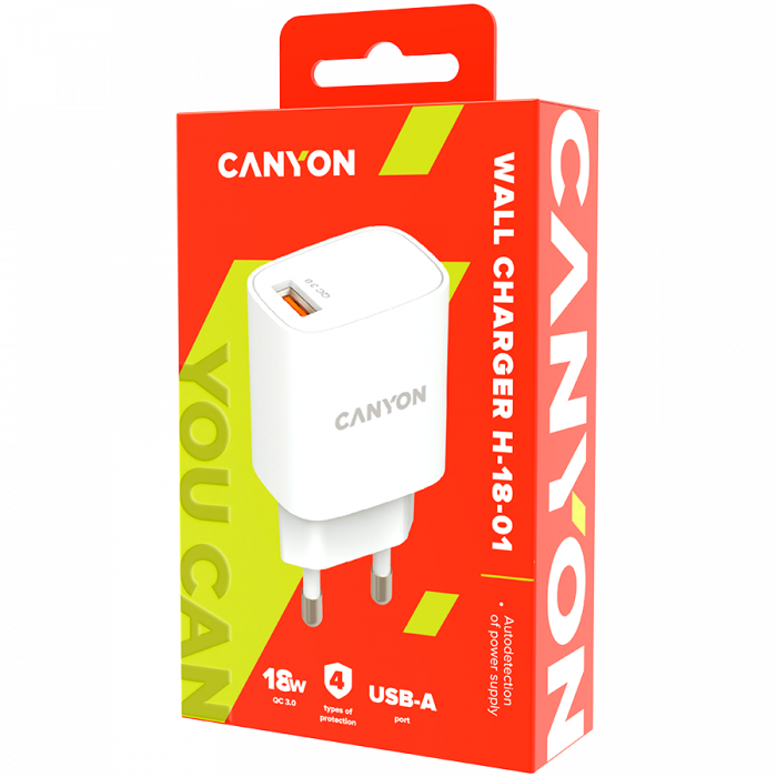 CANYON H-18-01, Wall charger with 1*USB, QC3.0 18W, Input: 100V-240V, Output: DC 5V/3A,9V/2A,12V/1.5A, Eu plug, OCP/OVP/OTP/SCP, CE, RoHS ,ERP. Size: 80.17*41.23*28.68mm, 50g, White [3]