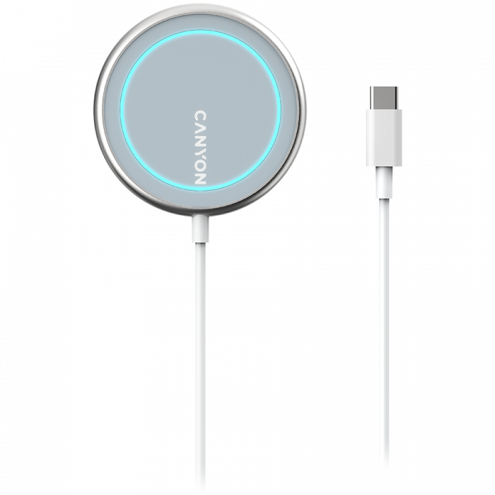 CANYON WS-100 Wireless charger, Input 9V/2A, 9V/2.7A, 12V/2A, Output 15W/10W/7.5W/5W, Type c cable length 1.5m, Acrylic surface+Aluminium alloy edge, 59*59*7mm, 0.06Kg, Silver [2]