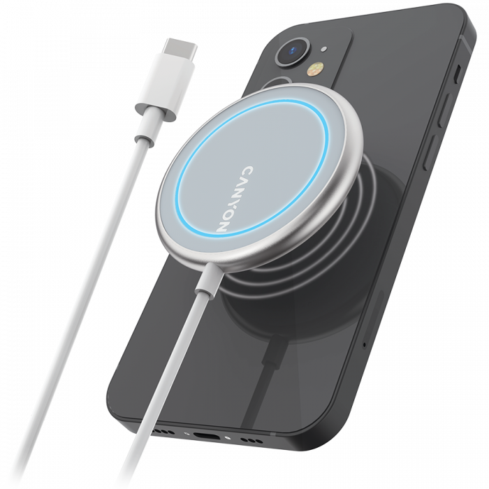 CANYON WS-100 Wireless charger, Input 9V/2A, 9V/2.7A, 12V/2A, Output 15W/10W/7.5W/5W, Type c cable length 1.5m, Acrylic surface+Aluminium alloy edge, 59*59*7mm, 0.06Kg, Silver [4]
