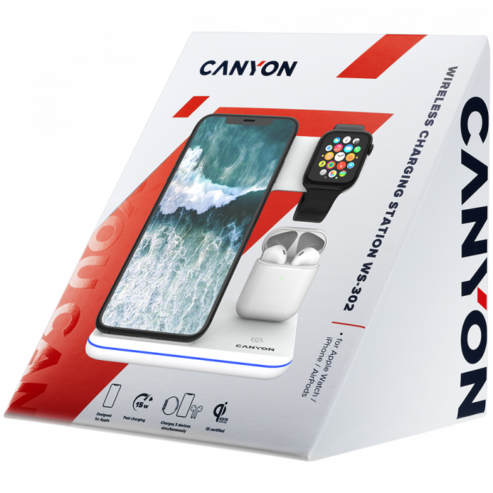 CANYON WS-302, 3in1 Wireless charger, with touch button for Running water light, Input 9V/2A, 12V/2A, Output 15W/10W/7.5W/5W, Type c to USB-A cable length 1.2m, 137*103*140mm, 0.22Kg, White [6]