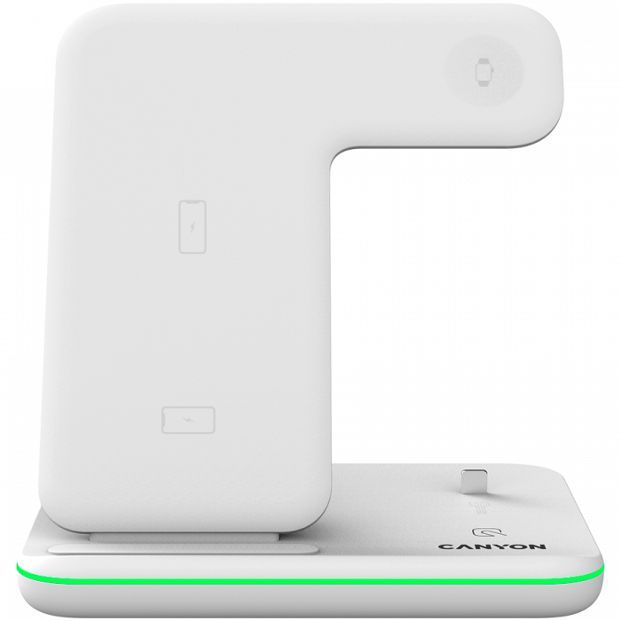 CANYON WS-302, 3in1 Wireless charger, with touch button for Running water light, Input 9V/2A, 12V/2A, Output 15W/10W/7.5W/5W, Type c to USB-A cable length 1.2m, 137*103*140mm, 0.22Kg, White [2]