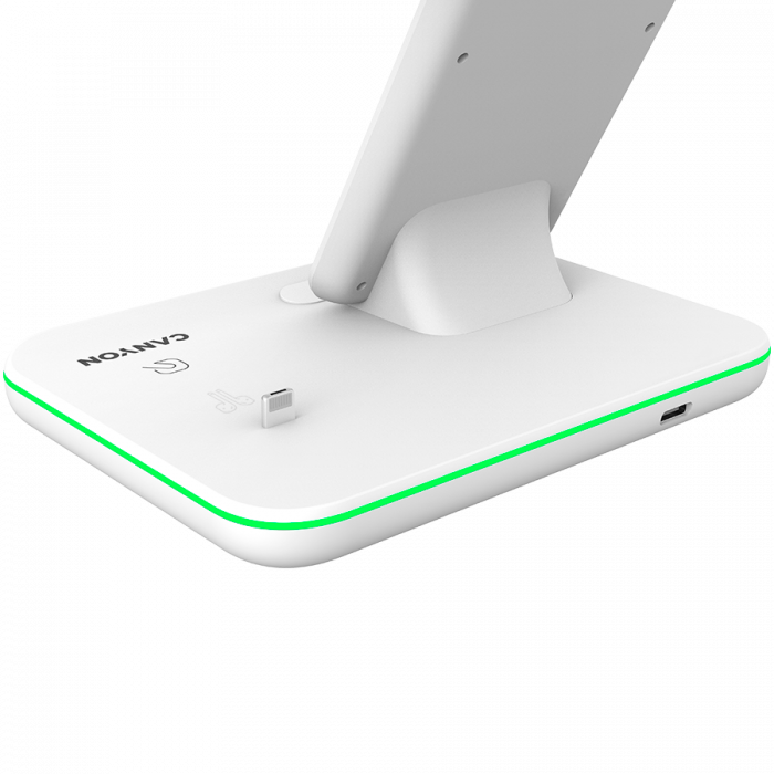 CANYON WS-302, 3in1 Wireless charger, with touch button for Running water light, Input 9V/2A, 12V/2A, Output 15W/10W/7.5W/5W, Type c to USB-A cable length 1.2m, 137*103*140mm, 0.22Kg, White [5]