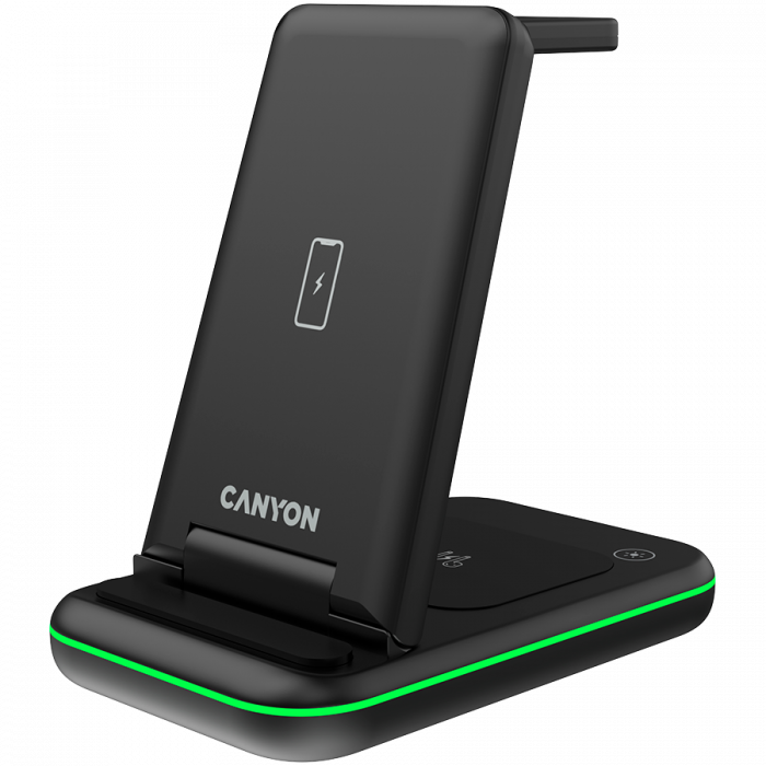 CANYON  WS- 304 Foldable  3in1 Wireless charger, with touch button for Running water light, Input 9V/2A,  12V/1.5AOutput 15W/10W/7.5W/5W, Type c to USB-A cable length 1.2m, with QC18W EU plug,132.51*7 [2]